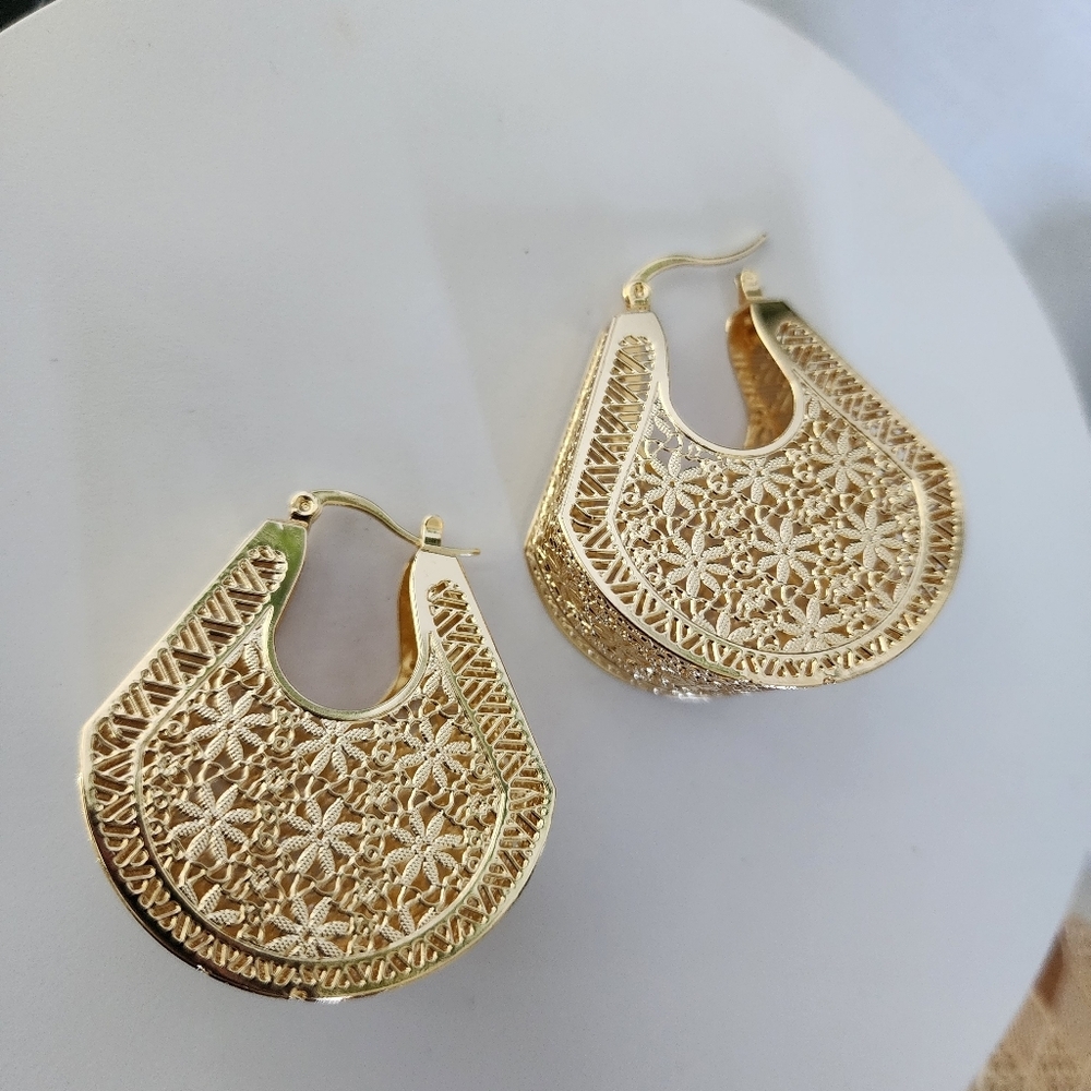 Gold Filled Filigree Floral Basket Hoop Earrings New